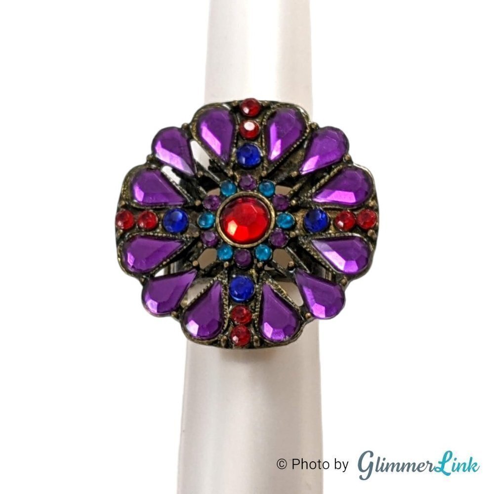 Floral Multicolor Rhinestone Stretch Statement Ring Brass Tone